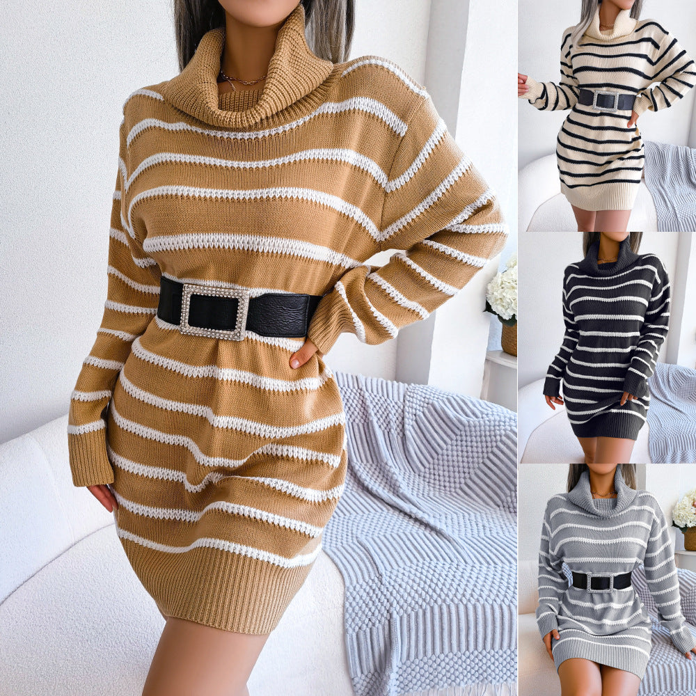 Casual Turtleneck Striped Dress Long Sleeve Base Sweater Dress