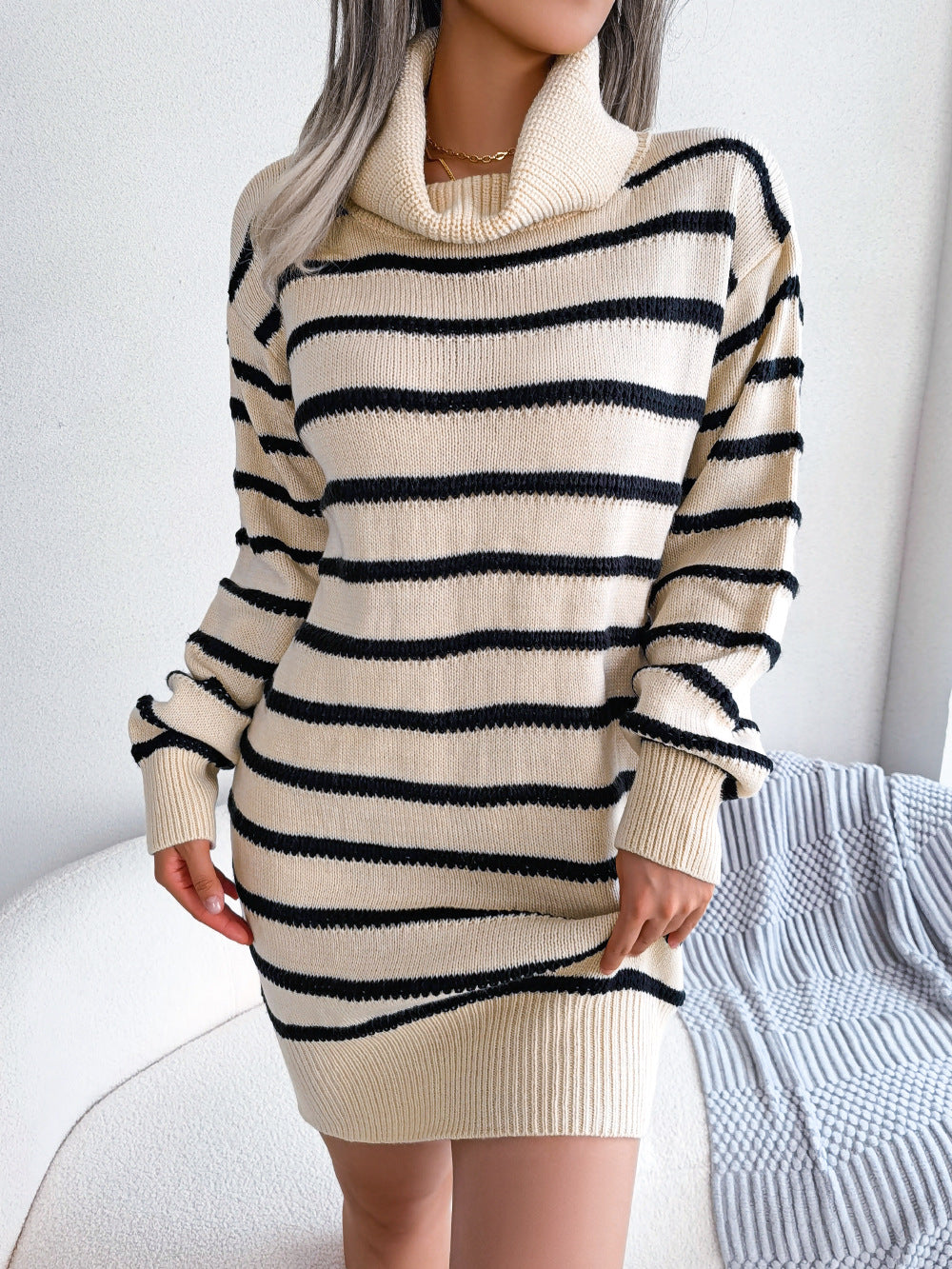 Casual Turtleneck Striped Dress Long Sleeve Base Sweater Dress